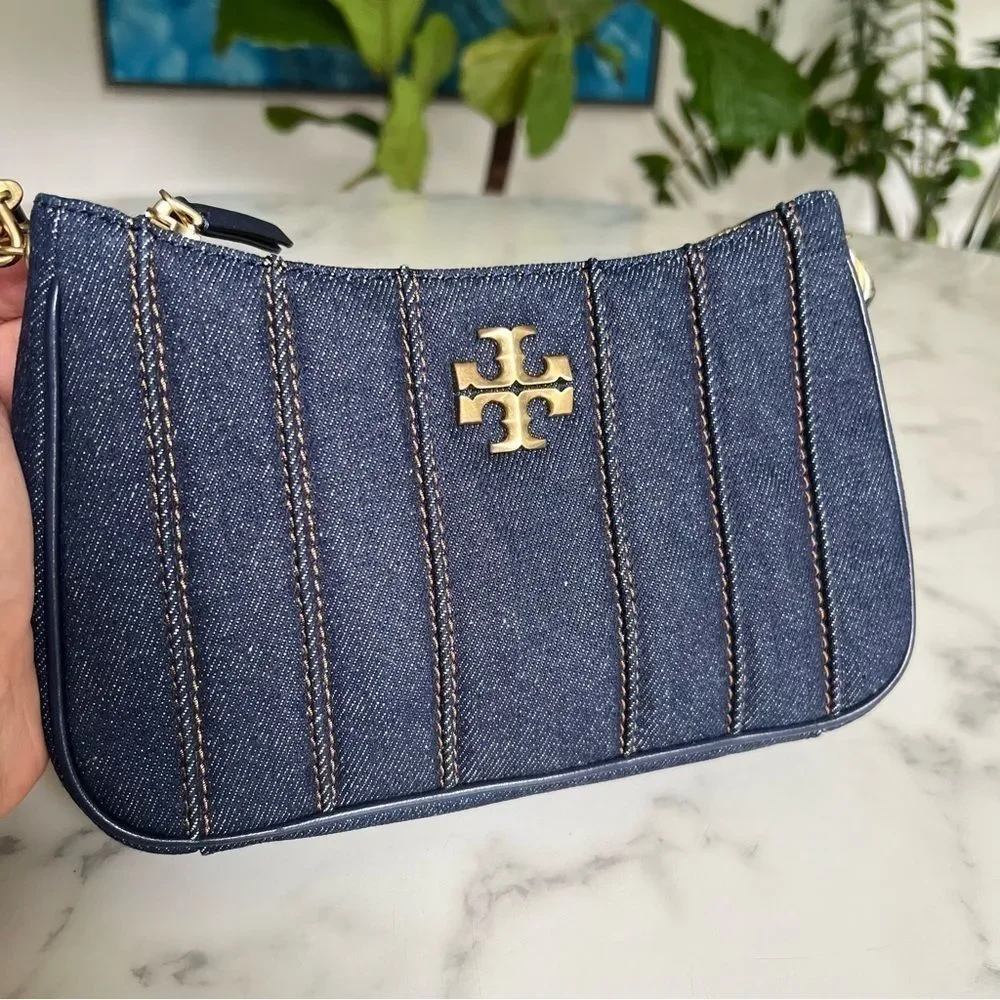 NWT Tory Burch Kira Denim Mini Quilted Crossbody Shoulder Bag Gold Navy Blue